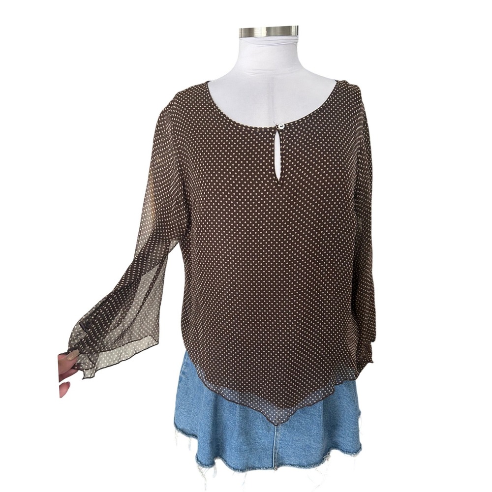 Vintage 100% Silk Blouse PL Brown Polka Dot Handkerchief Hem Oversized Poncho - Picture 2 of 6